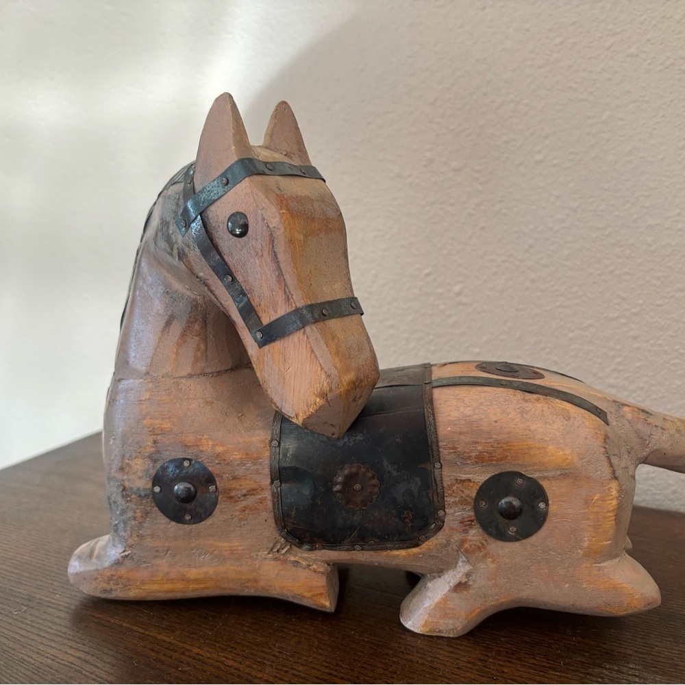 VINTAGE HANDCRAFTED WOOD WOODEN HORSE WITH METAL TRIM ACCENTS